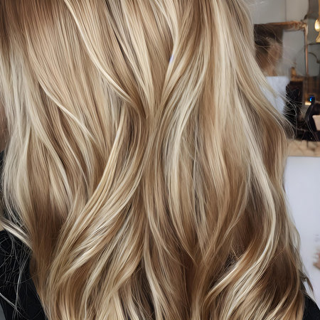 Illustration of blond curly hair. Back view hairstyle with long wavy hair. The image was created using generative AI.の素材