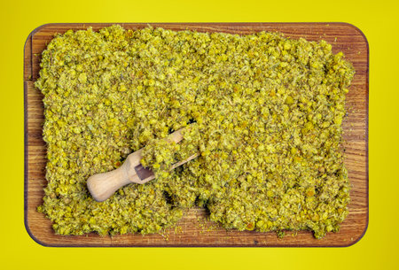 Background of medicinal plant Helichrysum arenarium. top view. yellow dry flowers.の写真素材
