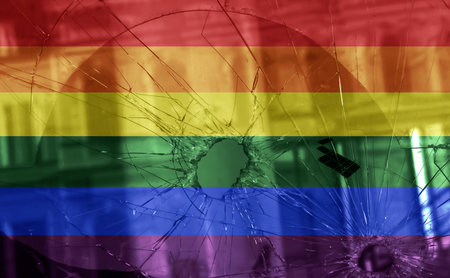 Flag LGBT community pride on a broken glass background. Raimbow gay culture symbol. concept collage. Illustration symbol of pride.の写真素材