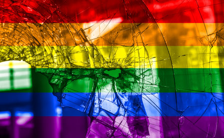 Flag LGBT community pride on a broken glass background. Raimbow gay culture symbol. concept collage. Illustration symbol of pride.の写真素材