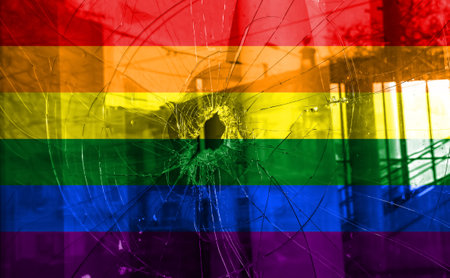 Flag LGBT community pride on a broken glass background. Raimbow gay culture symbol. concept collage. Illustration symbol of pride.の写真素材