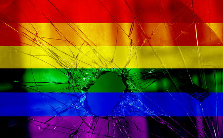 Flag LGBT community pride on a broken glass background. Raimbow gay culture symbol. concept collage. Illustration symbol of pride.の写真素材