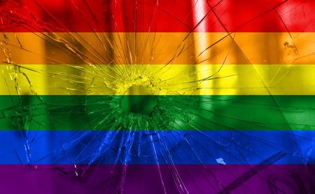 Flag LGBT community pride on a broken glass background. Raimbow gay culture symbol. concept collage. Illustration symbol of pride.の写真素材