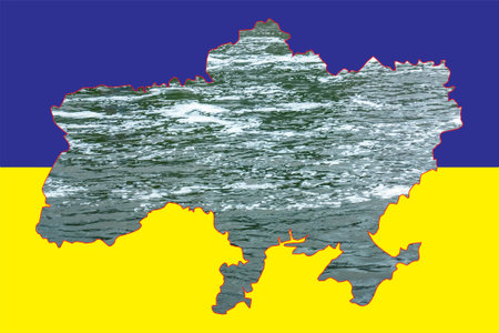 concept collage. Flag of Ukraine with a contour map filled with water. Accident at the Kakhovskaya hydroelectric power station. Flooding problems.の写真素材