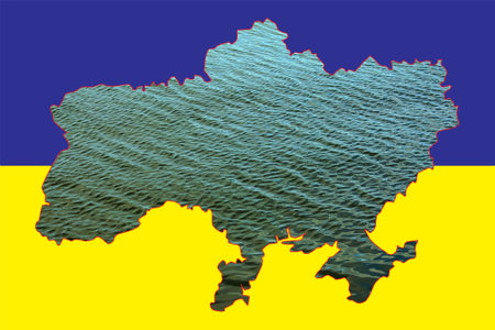 concept collage. Flag of Ukraine with a contour map filled with water. Accident at the Kakhovskaya hydroelectric power station. Flooding problems.の写真素材