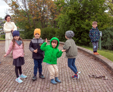 Slovakia, Nitra - 05.18.2023: A group of schoolchildren with teachers on an excursion in Nitrograd.のeditorial素材