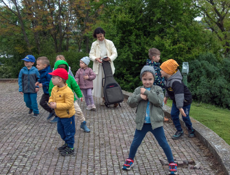 Slovakia, Nitra - 05.18.2023: A group of schoolchildren with teachers on an excursion in Nitrograd.のeditorial素材