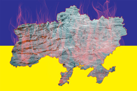concept collage. Flag of Ukraine with a contour map filled with water against the background of fire. War in Ukraine. Accident at the Kakhovskaya hydroelectric power station. Flooding problems.の写真素材