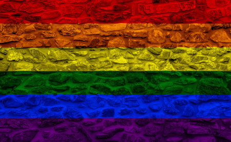 Flag of the LGBT community on the background of a stone wall. Rainbow symbol of gay culture. concept collage. Illustration symbol of pride.の写真素材