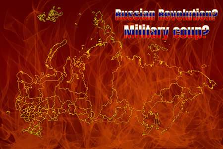 Outline map of Russia on fire. Is an internal military conflict in the Russian Federation possible.の写真素材