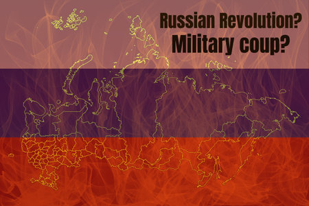 Outline map of Russia on fire. Is an internal military conflict in the Russian Federation possible.の写真素材