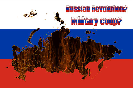 Outline map of Russia on fire. Is an internal military conflict in the Russian Federation possible.の写真素材