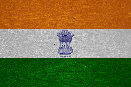 Flag and coat of arms of the REPUBLIC OF INDIA on a textured background. concept collage.の写真素材