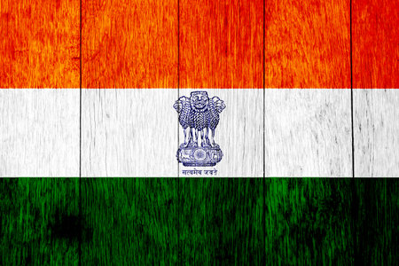 Flag and coat of arms of the REPUBLIC OF INDIA on a textured background. concept collage.の写真素材