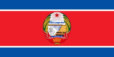 The official current flag and coat of arms of the Democratic People's Republic of Korea or North Korea. State flag of the North Korea. Illustration.の写真素材