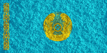 Flag of and coat of arms Republic of Kazakhstan on a textured background. concept collage.の写真素材