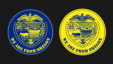 Set of vector illustrations of a badge with the coat of arms of the US state of Oregon and the inscription We are from Oregon.のイラスト素材