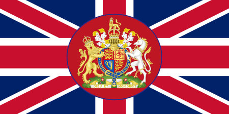 The official current flag and coat of arms of the Great Britain. State flag of the United Kingdom. Illustration.の写真素材