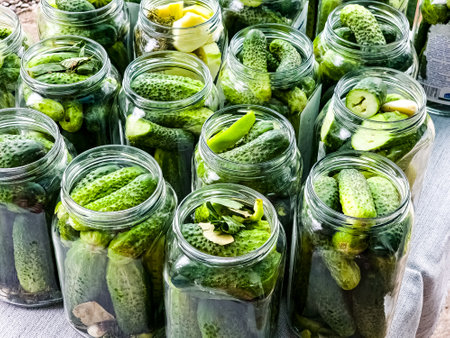 The process of pickling cucumbers for the winter in glass jars. Cucumbers and spices for pickling are laid out in jars.の写真素材
