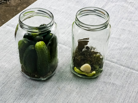 The process of pickling cucumbers for the winter in glass jars. Spices for salting are laid out in jars.の写真素材