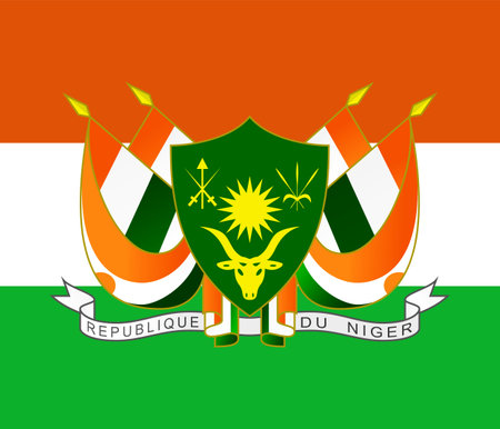The official current flag and coat of arms of the Republic of Niger. State flag of Nigeria. Illustration.の写真素材