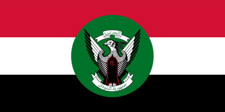 The official current flag and coat of arms of the Republic of Sudan. State flag of Sudan. Illustration.の写真素材
