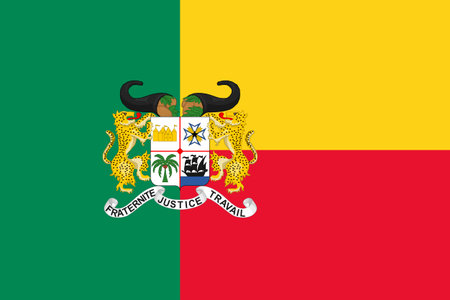 The official current flag and coat of arms of Republic of Benin. State flag of Benin. Illustration.の写真素材