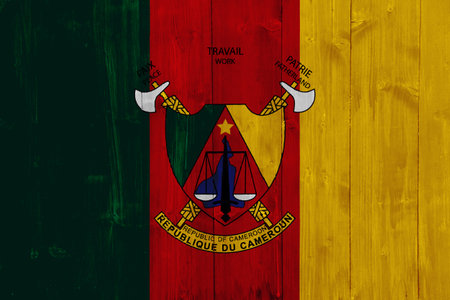 Flag and coat of arms of the Republic of Cameroon on a textured background. concept collage.の写真素材
