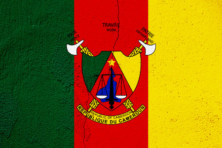 Flag and coat of arms of the Republic of Cameroon on a textured background. concept collage.の写真素材