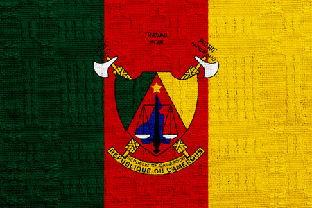 Flag and coat of arms of the Republic of Cameroon on a textured background. concept collage.の写真素材