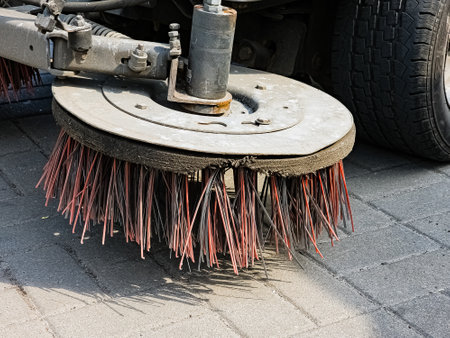 Broom of Road Sweeper Car Machine Close-up. Concept clean streets from debris.の写真素材