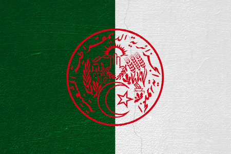 Flag and coat of arms of the Algerian People's Democratic Republic on a textured background. concept collage.の写真素材