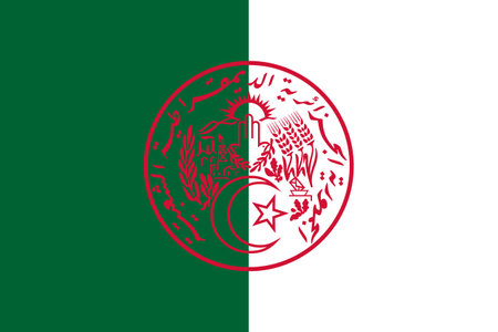 Flag and coat of arms of the Algerian People's Democratic Republic or Algerian national flag. Arab country. North african countryの写真素材