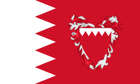 The official current flag and coat of arms of Kingdom of Bahrain. State flag of Bahrain. Illustration.の写真素材