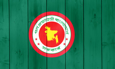 Flag and coat of arms of People's Republic of Bangladesh on a textured background. concept collage.の写真素材