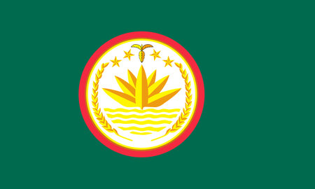 The official current flag and coat of arms of People's Republic of Bangladesh. State flag of Bangladesh. Illustration.の写真素材