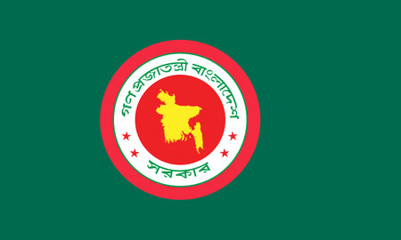 The official current flag and coat of arms of People's Republic of Bangladesh. State flag of Bangladesh. Illustration.の写真素材