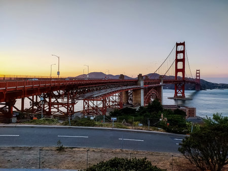 California, San Francisco, USA - 08.23.2023: View of the famous Golden Gate Bridge in the sunset rays of the sun.の写真素材