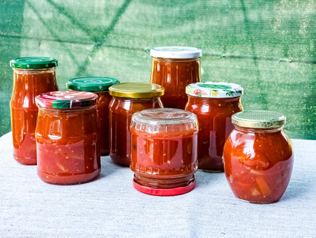 Traditional Hungarian homemade lecho in glass jars. Preserved tomatoes and peppers with spices.の写真素材