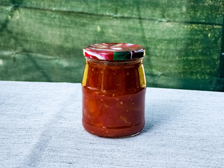 Traditional Hungarian homemade lecho in glass jars. Preserved tomatoes and peppers with spices.の写真素材