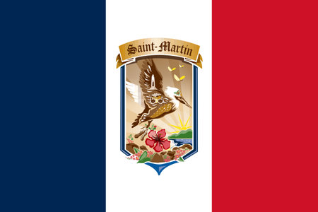 The official current flag and coat of arms of Collectivity of Saint Martin. State flag of Saint Martin. Illustration.の写真素材