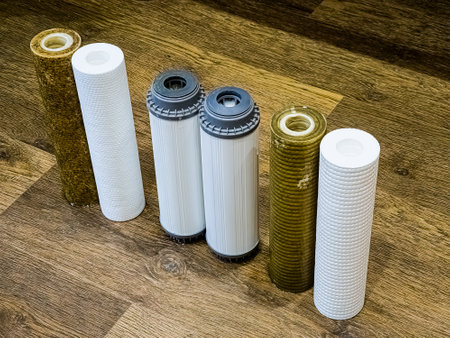 Used water filters with traces of dirt, clay and impurities and clean filters, prepared for replacement. Replacing multi-stage water filter cartridges.の写真素材