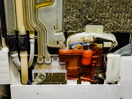 Side view of the dishwasher without the top panel. Working system for pumping and draining water into the device. After renovationの写真素材