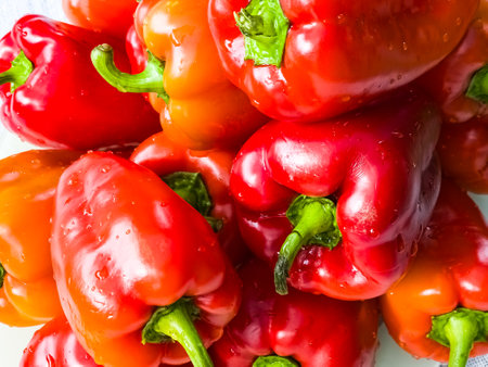 Background of fresh juicy ripe bell pepper. Healthy food concept. Close-up.