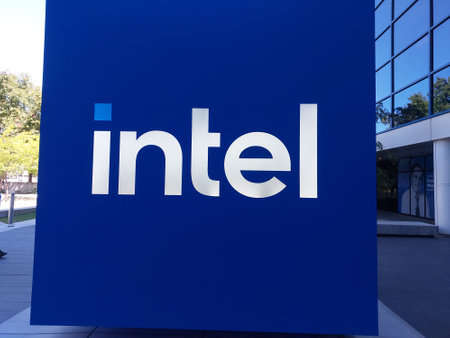 San Jose, California, USA - 11/09/2023: The Intel logo is visible in front of the Robert Noyce Building at the Intel Corporation headquarters in Santa Clara, California.のeditorial素材