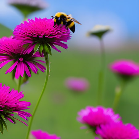 A bumblebee collects nectar on bright flowers. The image was created using generative AI.の素材