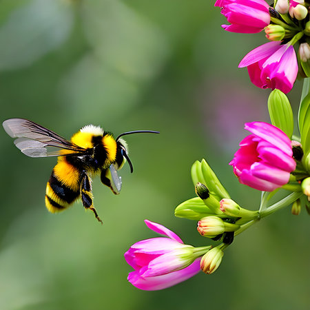 A bumblebee collects nectar on bright flowers. The image was created using generative AI.の素材