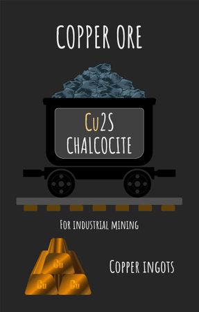 Set of illustrations of copper ore and copper ingots. INDUSTRIAL COPPER MINERALS. Chalcocite. Strategic minerals.の写真素材