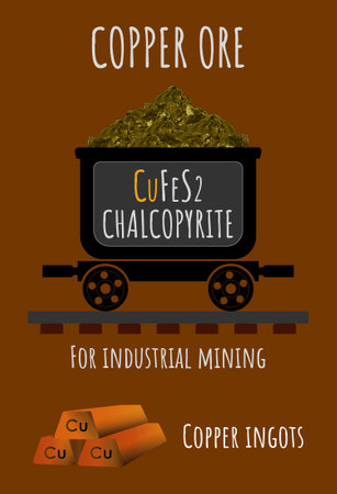Set of illustrations of copper ore and copper ingots. INDUSTRIAL COPPER MINERALS. Chalcopyrite. Strategic minerals.の写真素材