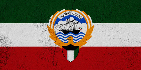 Flag and coat of arms of State of Kuwait on a textured background. Concept collage.の写真素材